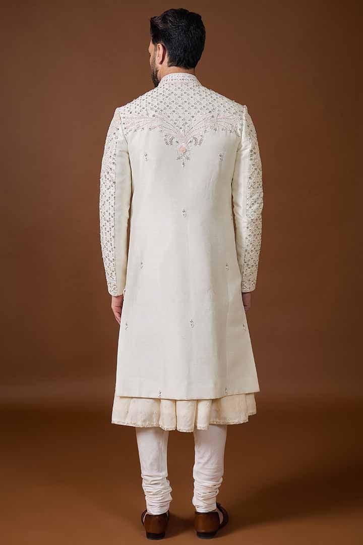 Ivory Sherwani with Hand Embroidery-Sw 7019