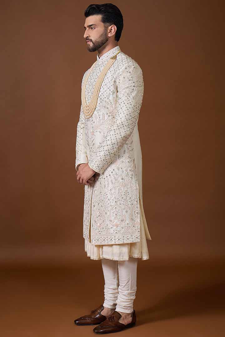 Ivory Sherwani with Hand Embroidery-Sw 7019
