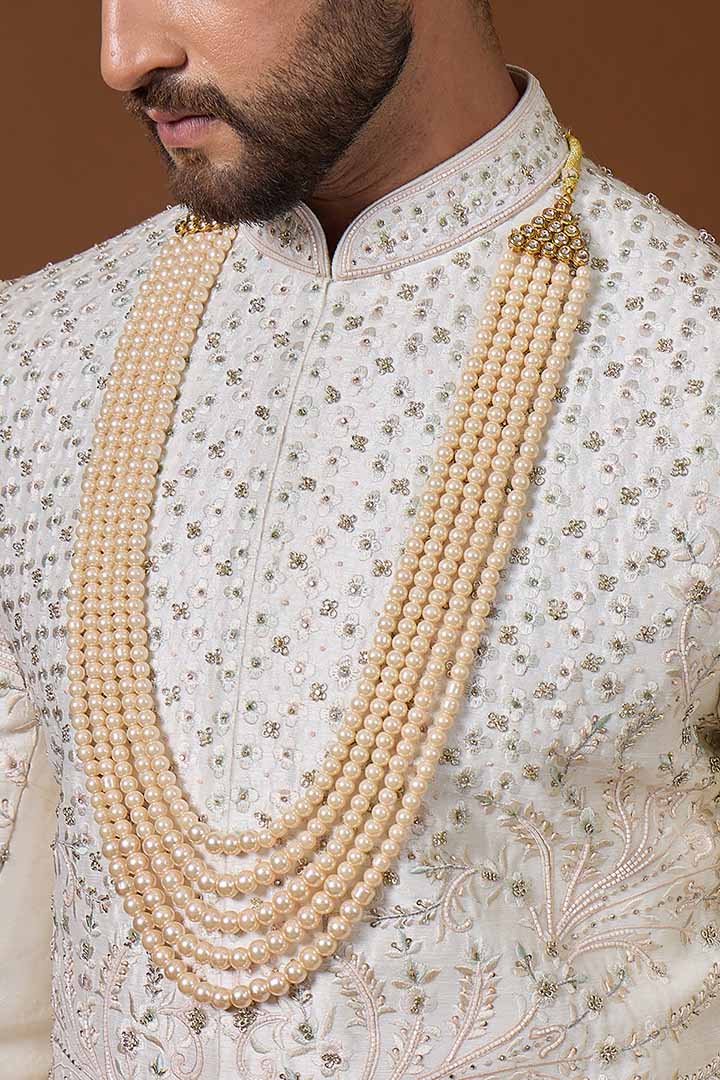 Ivory Sherwani with Hand Embroidery-Sw 7019