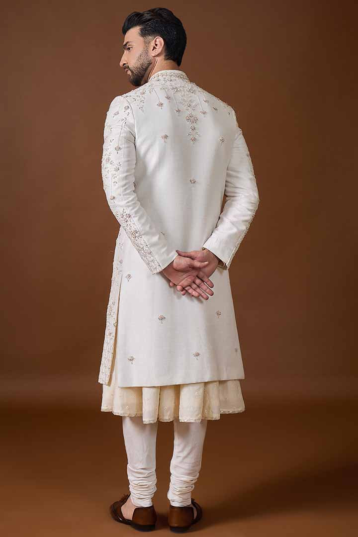 Ivory Sherwani with Hand Embroidery-Sw 7020