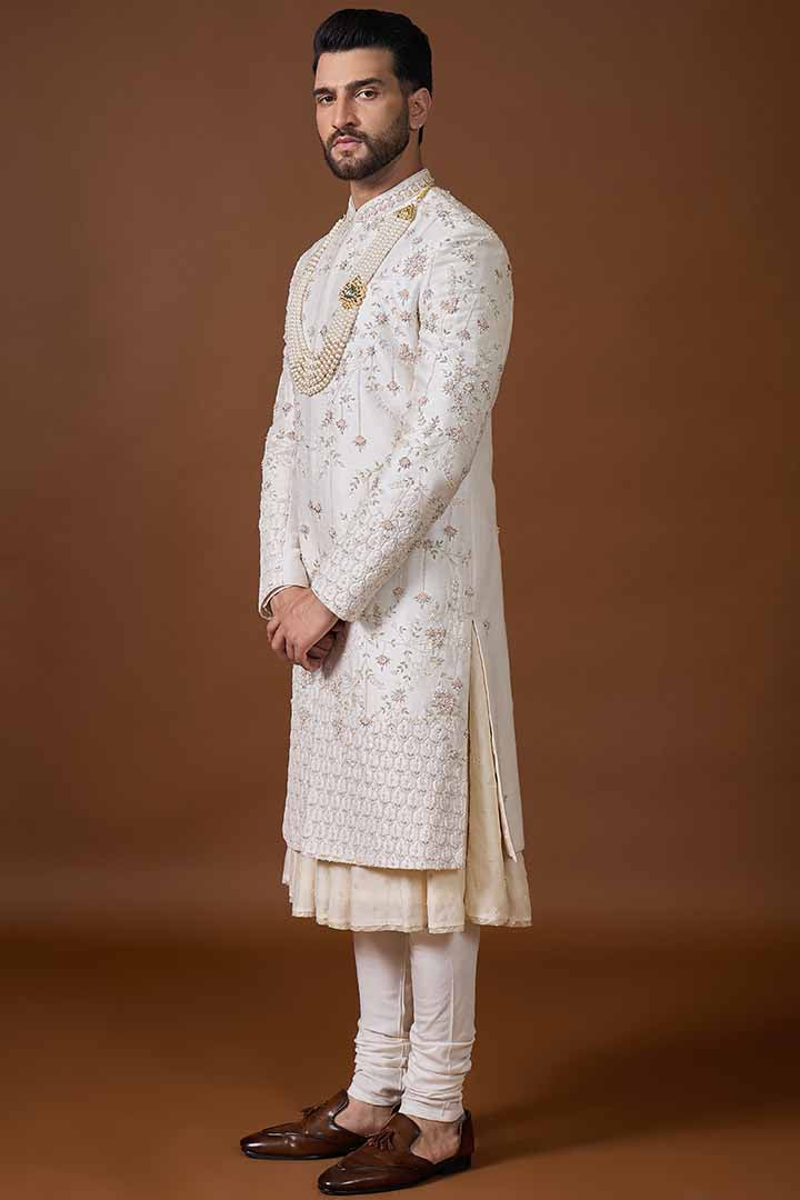 Ivory Sherwani with Hand Embroidery-Sw 7020