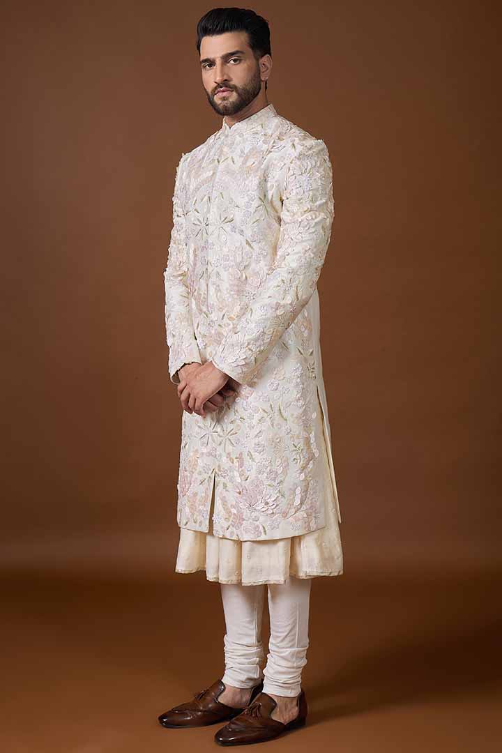 Ivory silk Sherwani with Hand Embroidery-Sw 7022