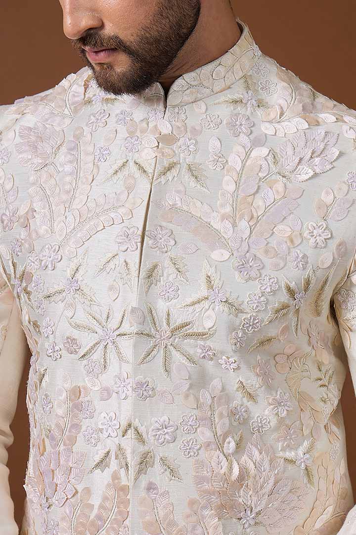 Ivory silk Sherwani with Hand Embroidery-Sw 7022