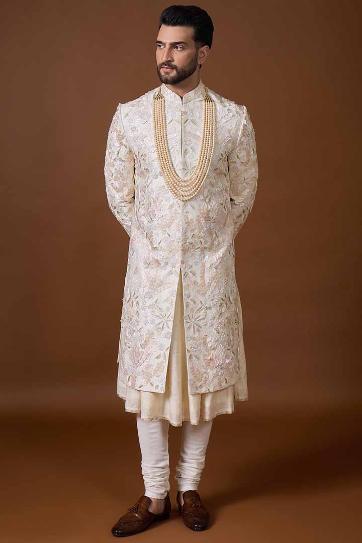 Ivory silk Sherwani with Hand Embroidery-Sw 7022