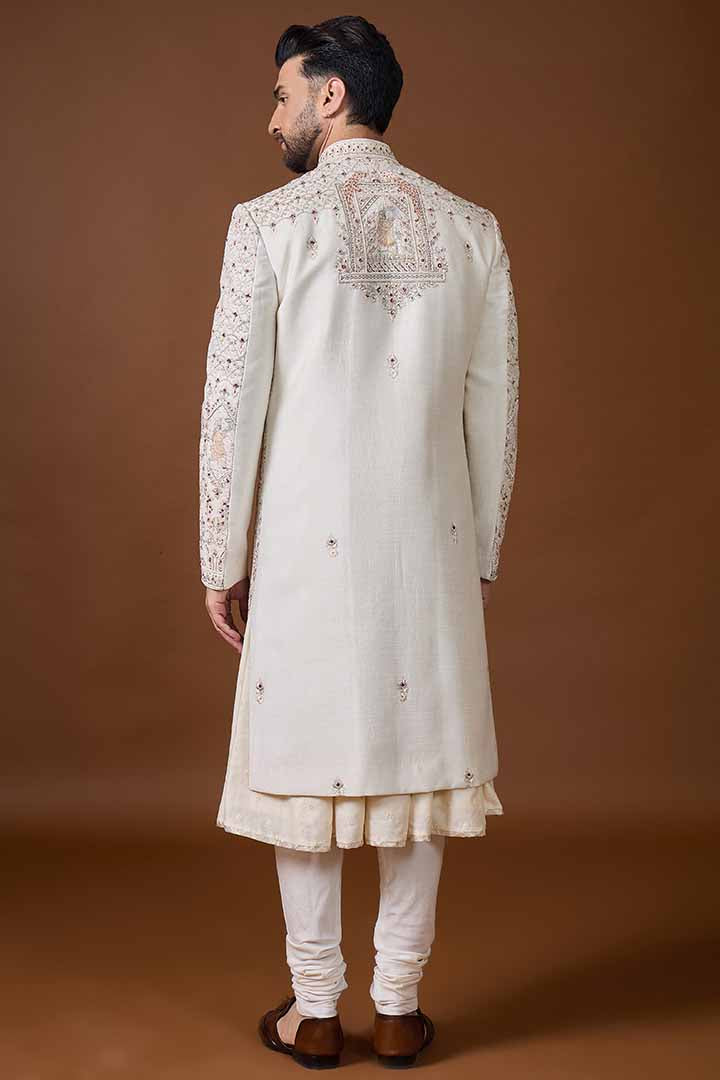 Ivory Sherwani with Detailed Jaal Hand Embroidery-Sw 7023