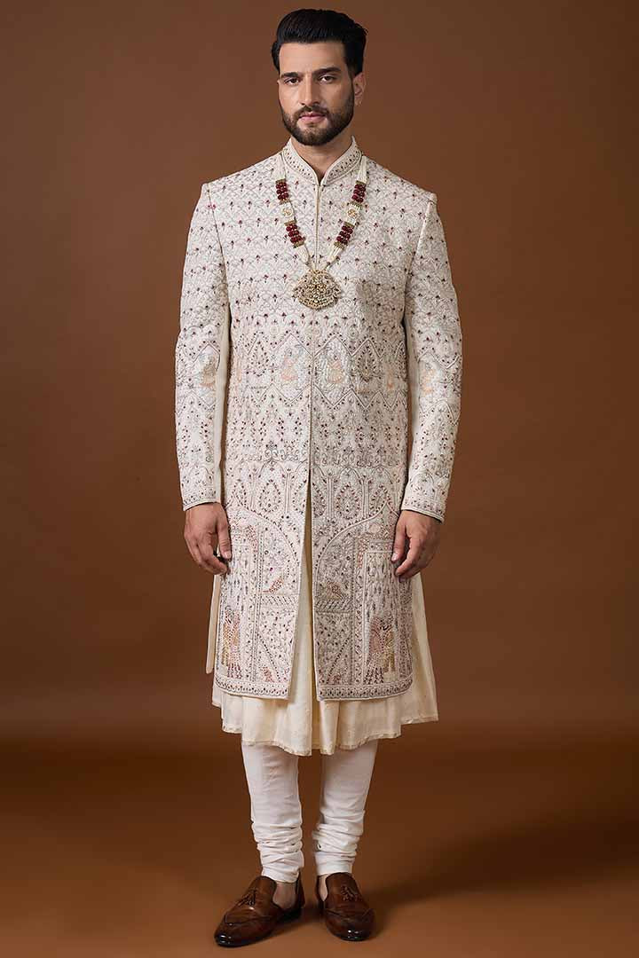 Ivory Sherwani with Detailed Jaal Hand Embroidery-Sw 7023