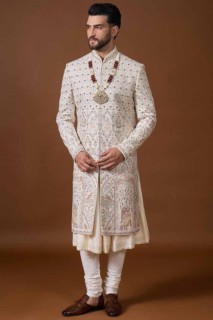 Ivory Sherwani with Detailed Jaal Hand Embroidery-Sw 7023