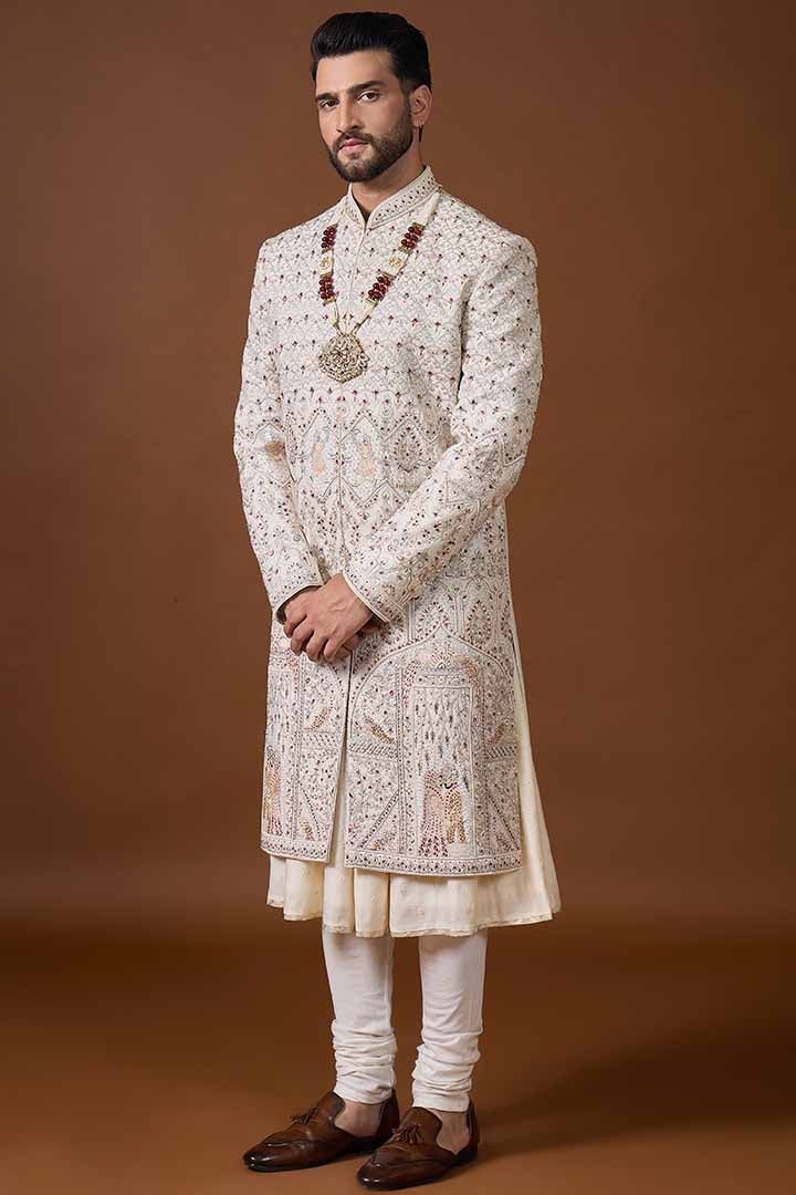 Ivory Sherwani with Detailed Jaal Hand Embroidery-Sw 7023