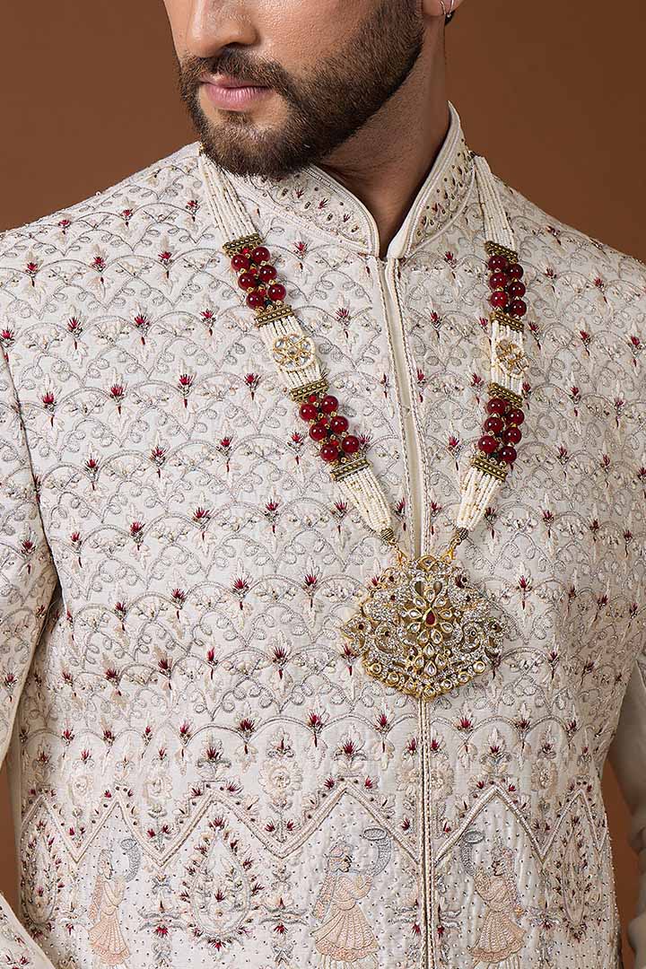 Ivory Sherwani with Detailed Jaal Hand Embroidery-Sw 7023