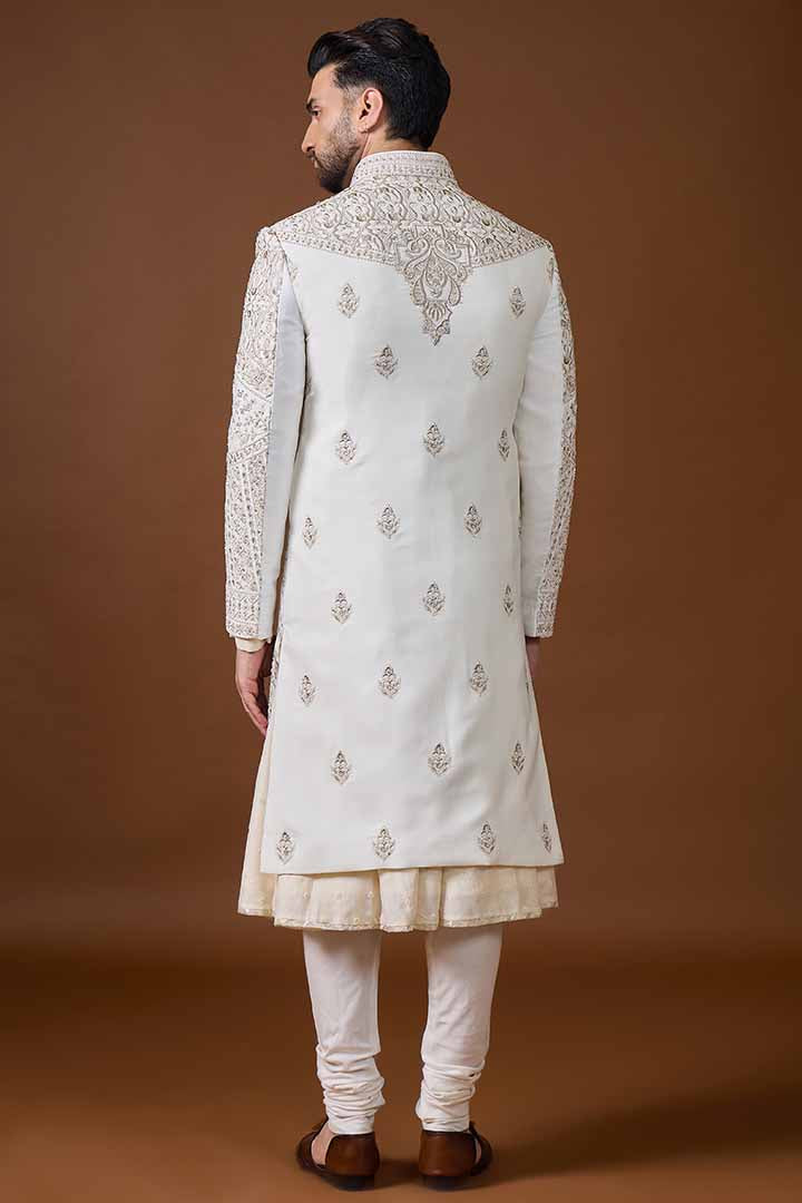 Ivory Sherwani with Embroiderd Floral Motifs-Sw 7024