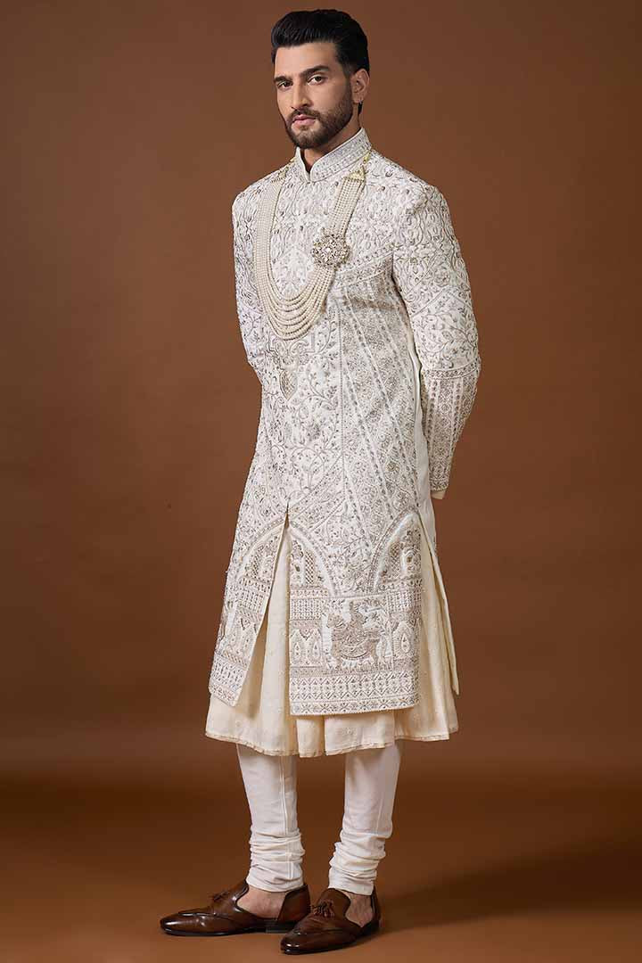 Ivory Sherwani with Embroiderd Floral Motifs-Sw 7024