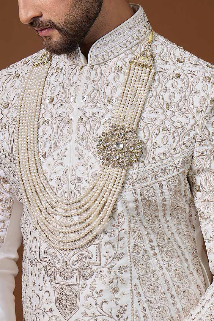 Ivory Sherwani with Embroiderd Floral Motifs-Sw 7024