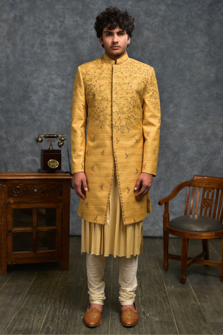 Mustard Silk Indowestern with Intricate Handwork- IW 3034