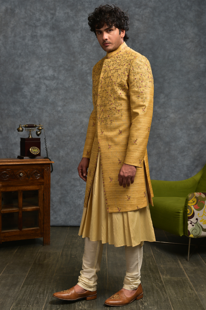 Mustard Silk Indowestern with Intricate Handwork- IW 3034