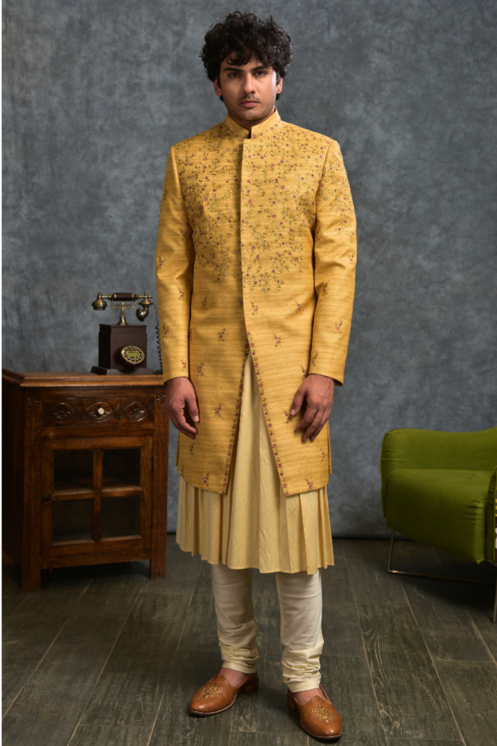 Mustard Silk Indowestern with Intricate Handwork- IW 3034