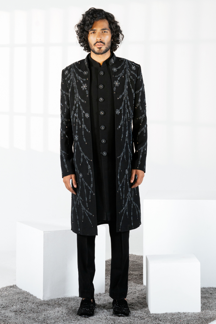 Black Japanese Front Open Hand Embroidered Indo with Kurta & Trousers IW 3030