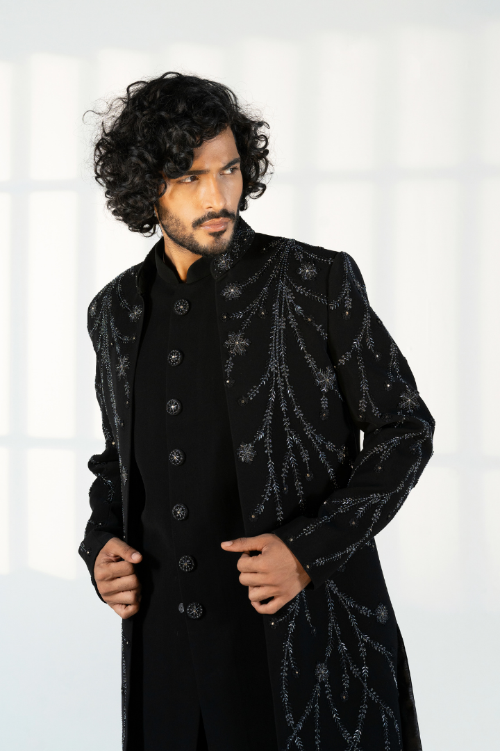Black Japanese Front Open Hand Embroidered Indo with Kurta & Trousers IW 3030