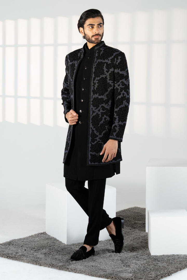 Black Hand Embroidered Front Open Indo with Kurta & Trousers IW 3031