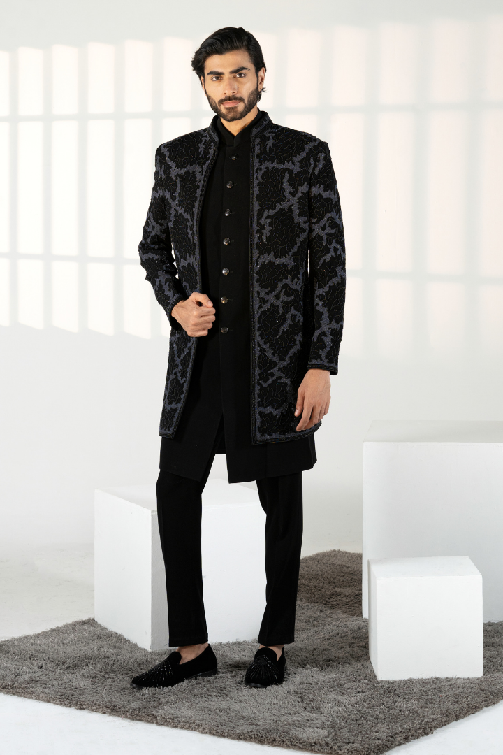 Black Hand Embroidered Front Open Indo with Kurta & Trousers IW 3031