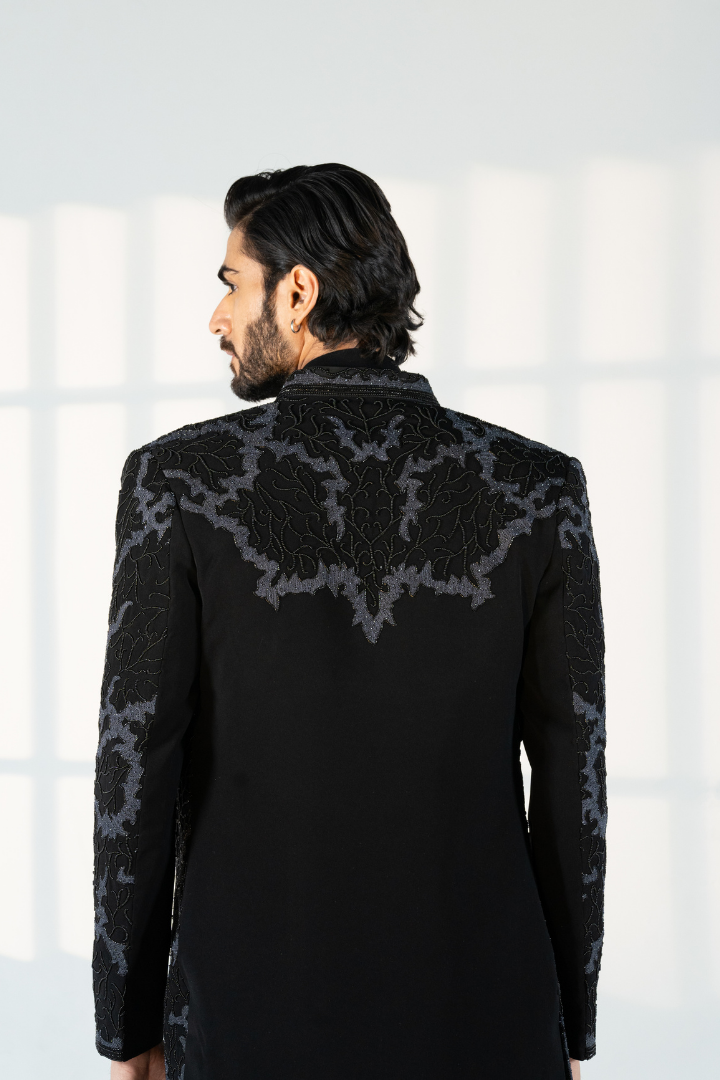 Black Hand Embroidered Front Open Indo with Kurta & Trousers IW 3031