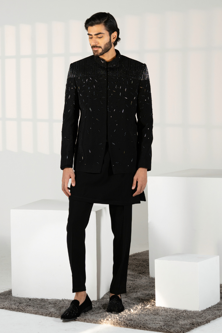 Black Japanese Hand Embroidered Jacket with Kurta & Trousers IW 3032