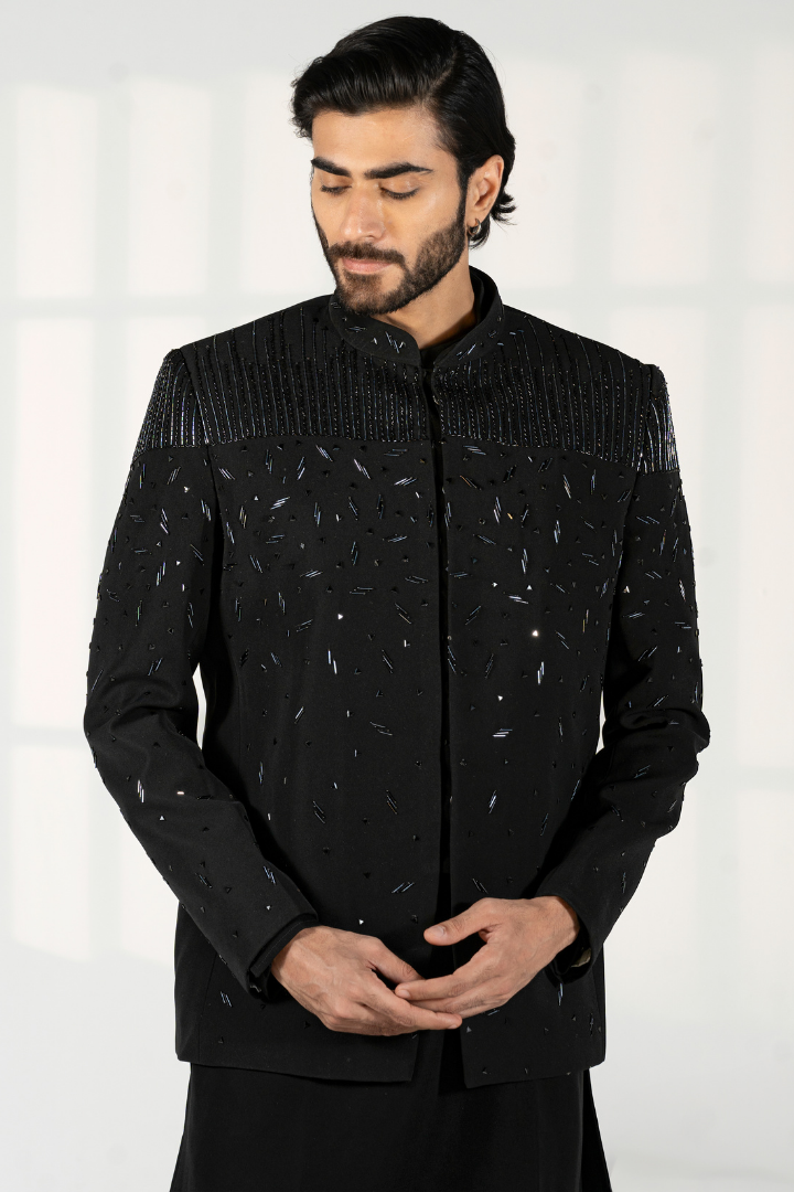 Black Japanese Hand Embroidered Jacket with Kurta & Trousers IW 3032