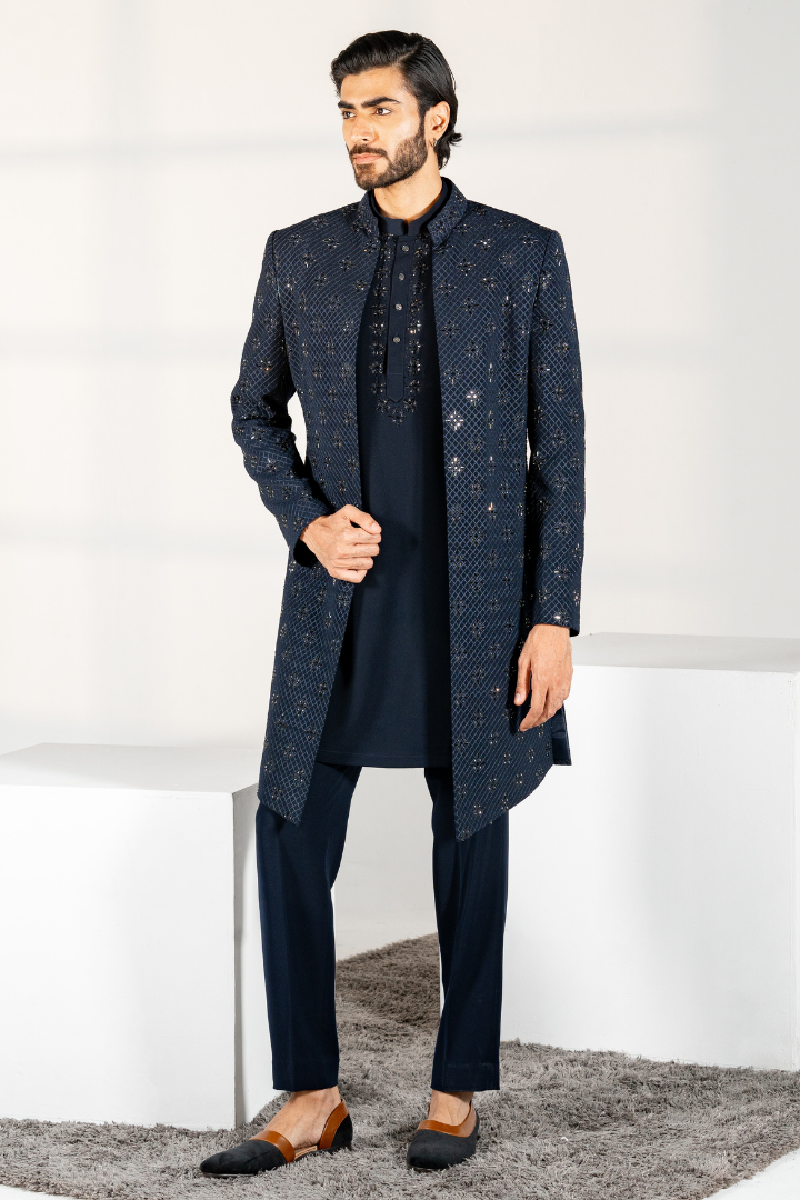 Blue Japanese Front Open Hand Embroidered Indo with Kurta & Trousers Iw 3033