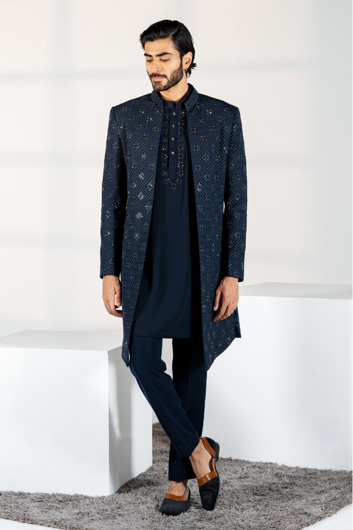 Blue Japanese Front Open Hand Embroidered Indo with Kurta & Trousers Iw 3033