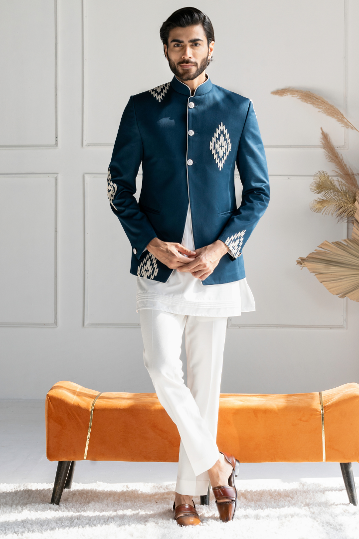 Blue Bandhgala with Thread embroidery with Kurta Set IW 3028