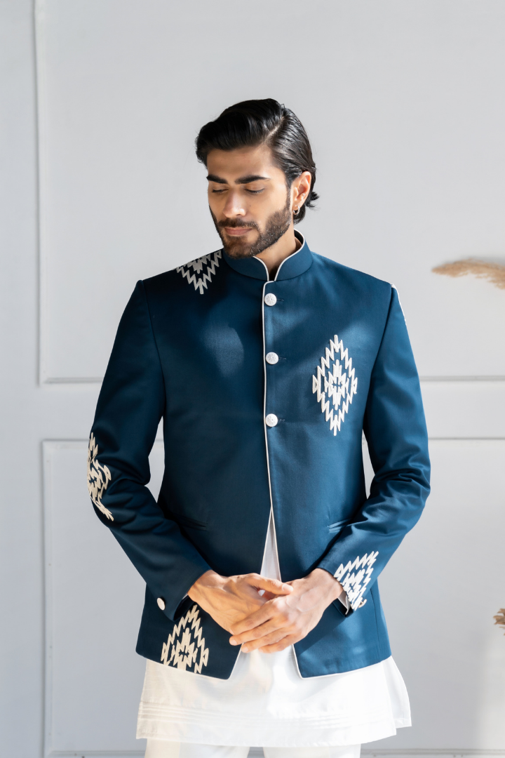 Blue Bandhgala with Thread embroidery with Kurta Set IW 3028