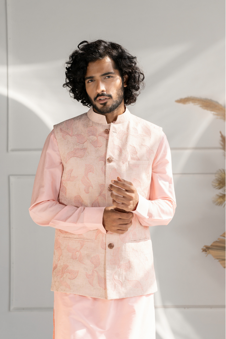 Thread Embroidery on Peach Silk Modi Jacket with Kurta Set K 4012