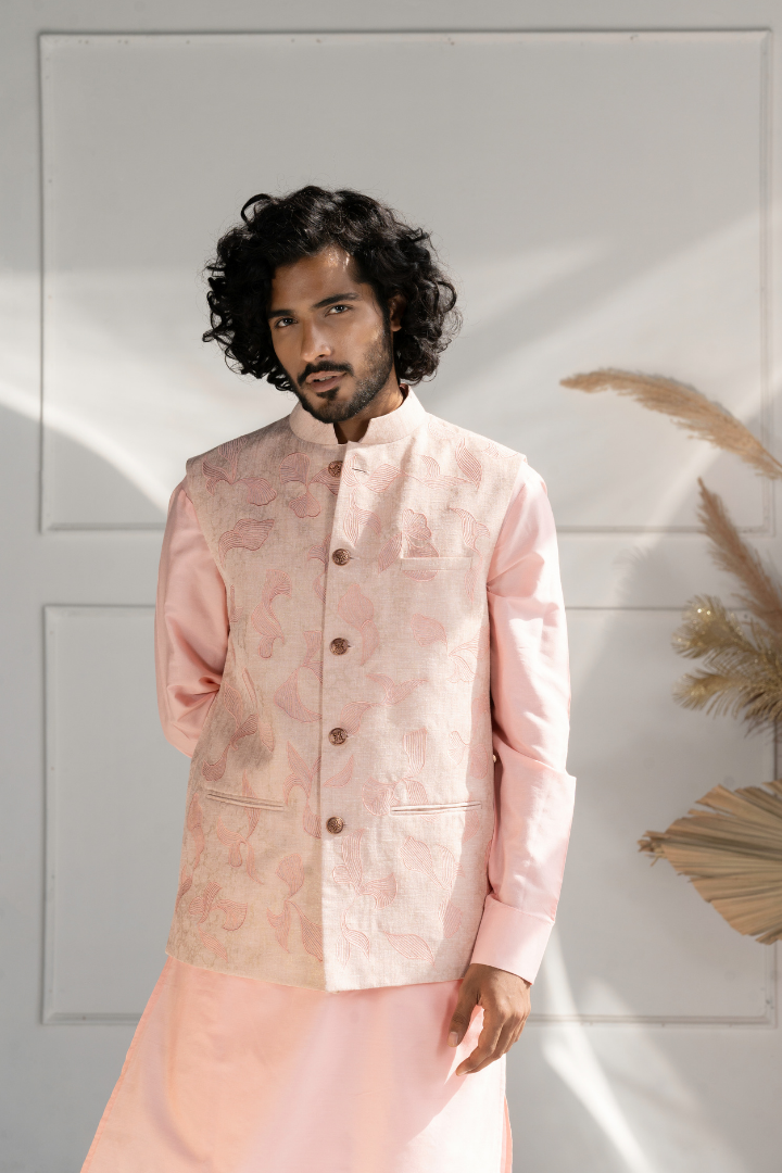 Thread Embroidery on Peach Silk Modi Jacket with Kurta Set K 4012
