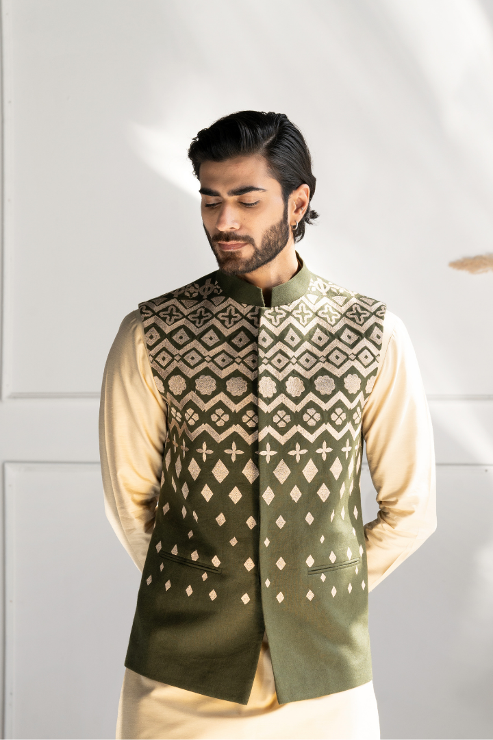 Thread Embroidery on Linen Modi Jacket with Kurta Set K 4013