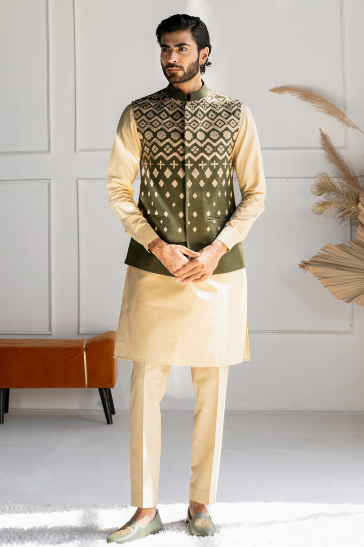 Thread Embroidery on Linen Modi Jacket with Kurta Set K 4013