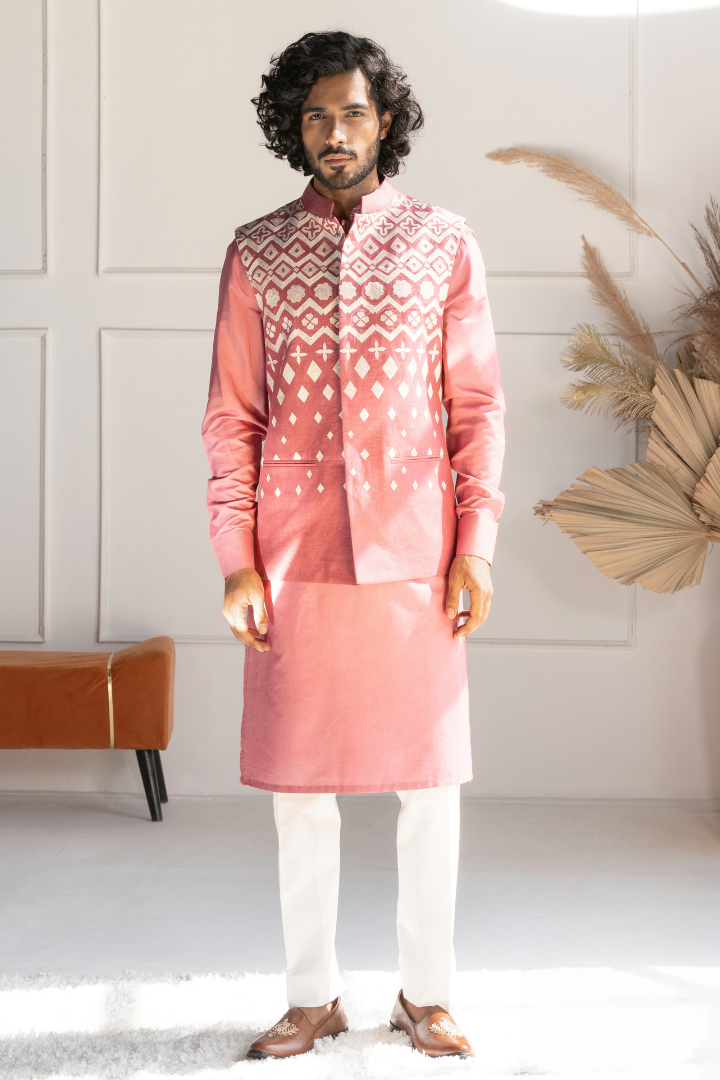 Thread Embroidery on Linen Modi Jacket with Kurta Set K 4014