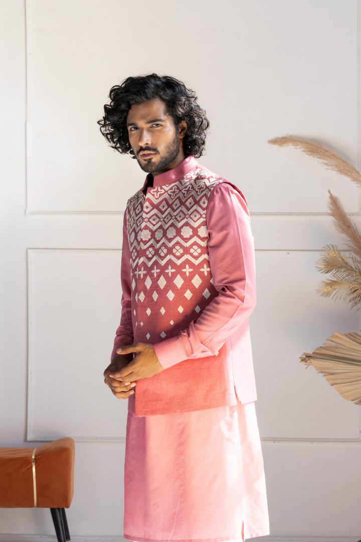 Thread Embroidery on Linen Modi Jacket with Kurta Set K 4014