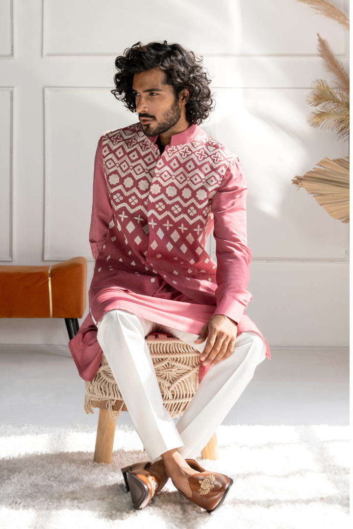 Thread Embroidery on Linen Modi Jacket with Kurta Set K 4014