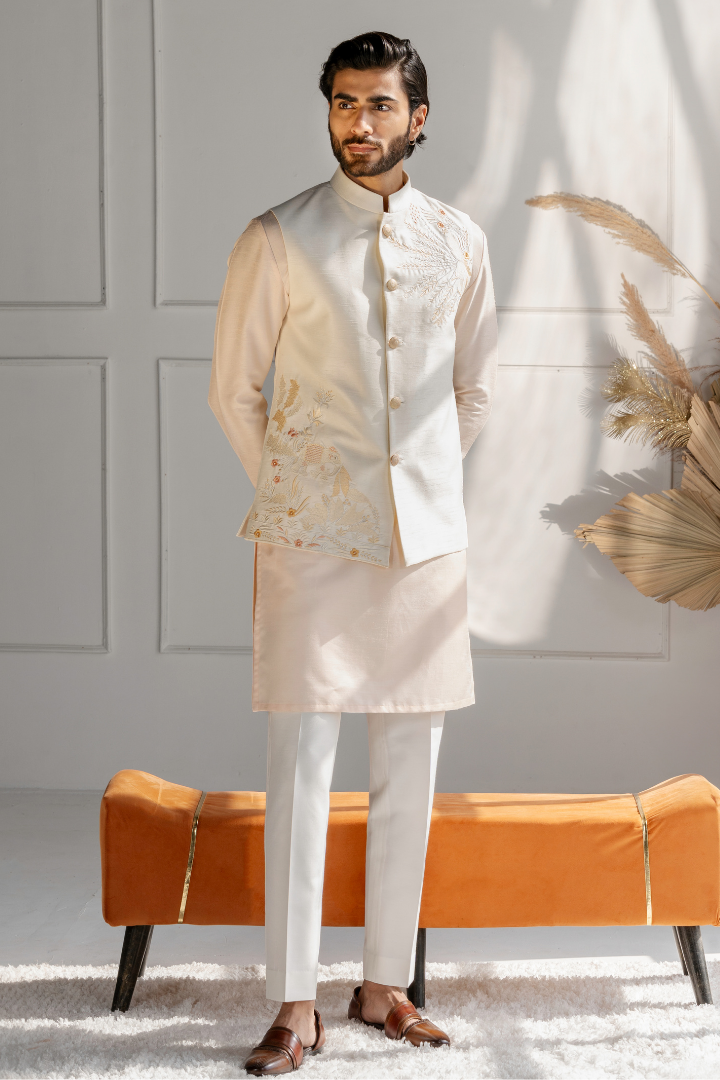 Thread Work Embroidered White Silk Modi Jacket with Peach Kurta Set- K 4015
