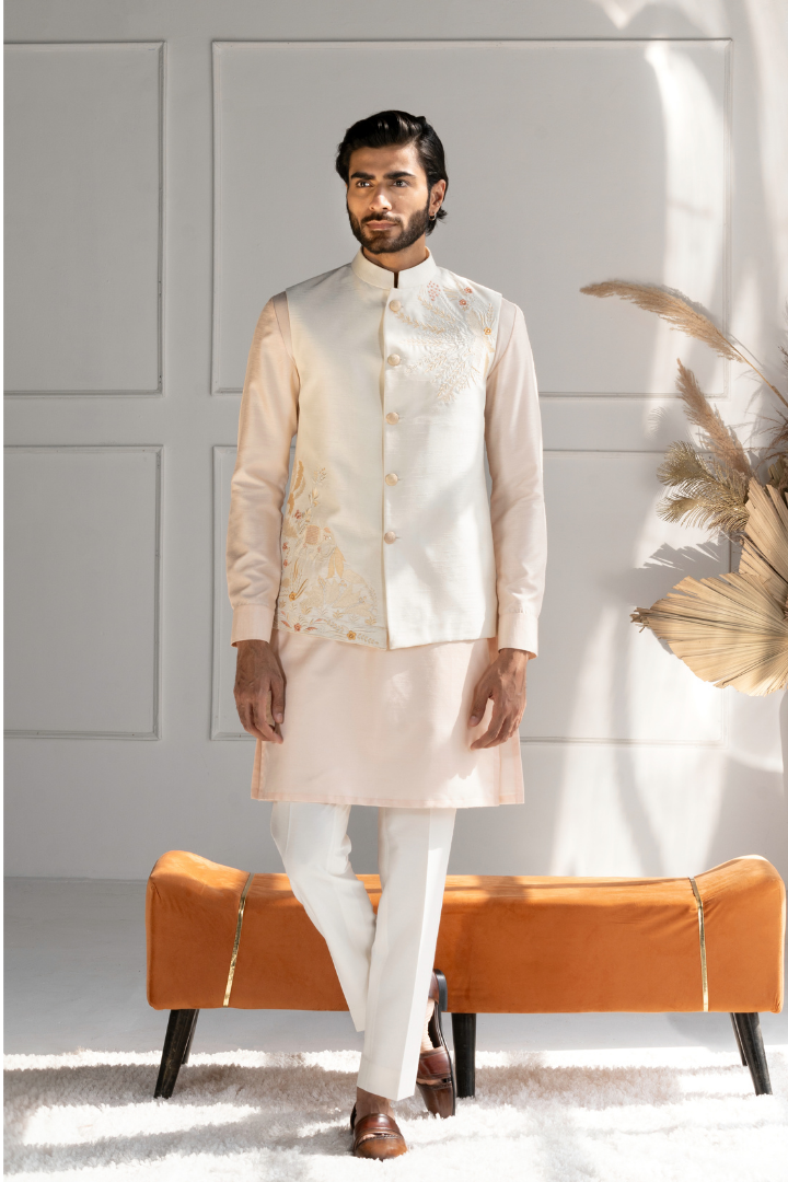 Thread Work Embroidered White Silk Modi Jacket with Peach Kurta Set- K 4015