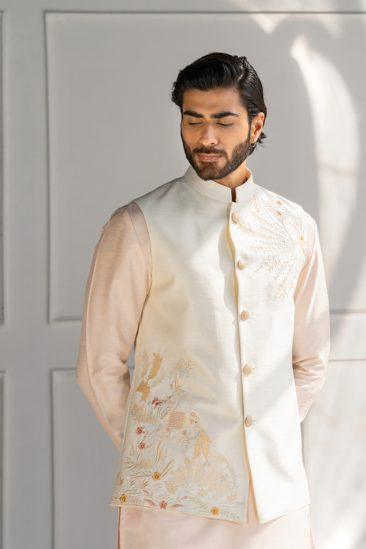 Thread Work Embroidered White Silk Modi Jacket with Peach Kurta Set- K 4015