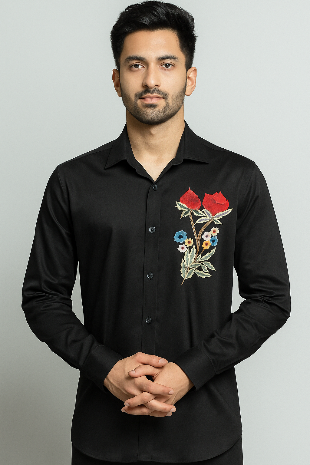 Black Shirt with Multicoloured Thread Embroiderey - Sh 6016