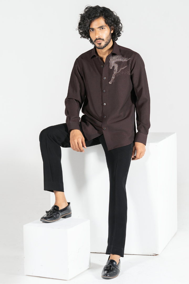 Wine Japanese Shirt with Hand Work Sh 6012