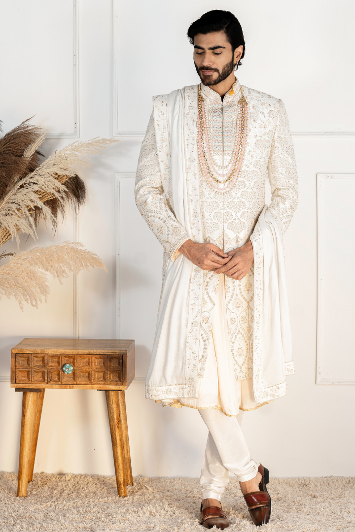 Pure Silk Off White Sherwani with Hand Work- Sw 7011
