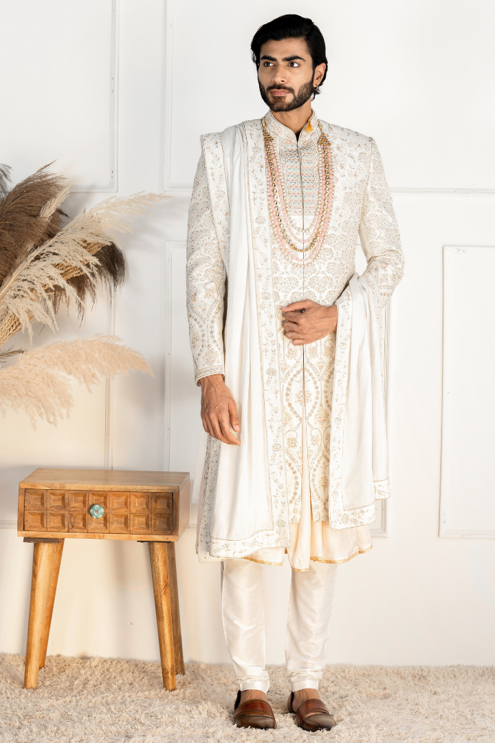 Pure Silk Off White Sherwani with Hand Work- Sw 7011