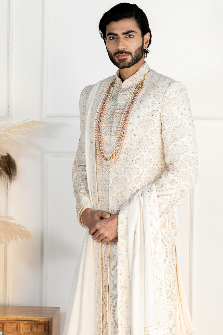 Pure Silk Off White Sherwani with Hand Work- Sw 7011