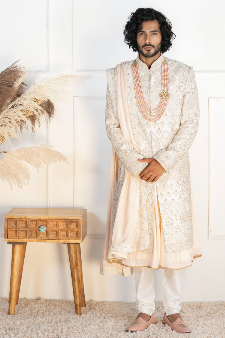 Pure Silk Off White Hand Work Sherwani- Sw 7012