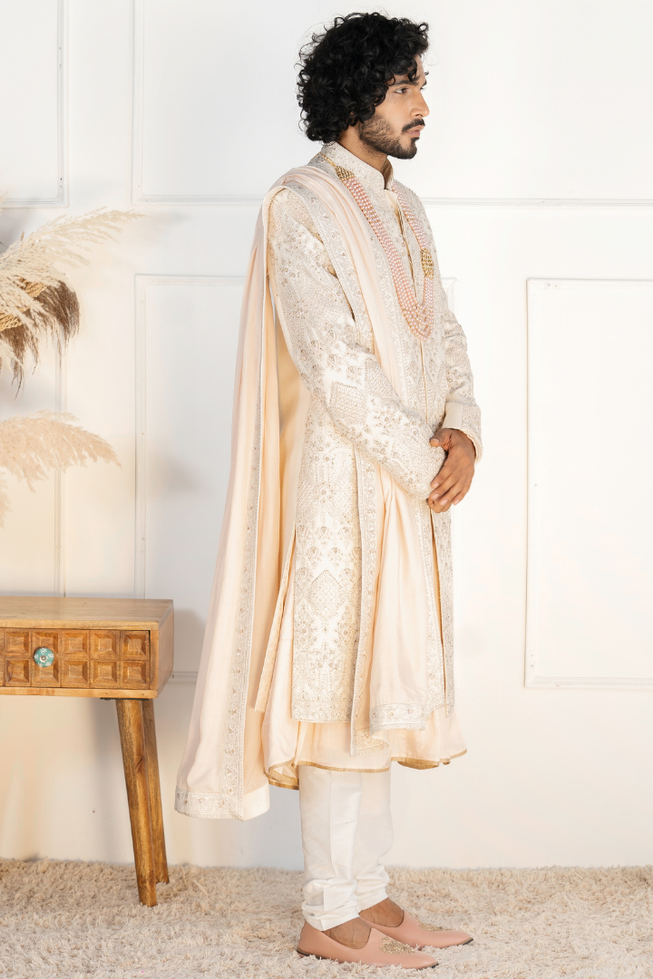 Pure Silk Off White Hand Work Sherwani- Sw 7012