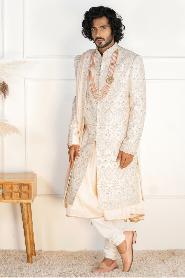 Pure Silk Off White Hand Work Sherwani- Sw 7012