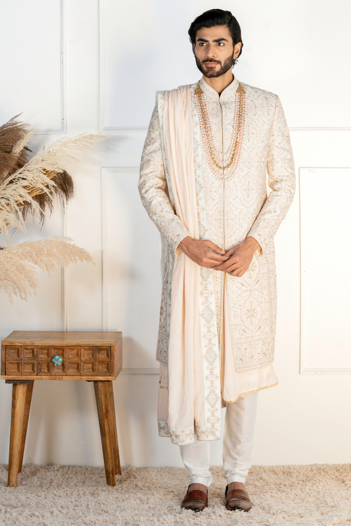 Pure Silk Off White Hand Work Sherwani- Sw 7013