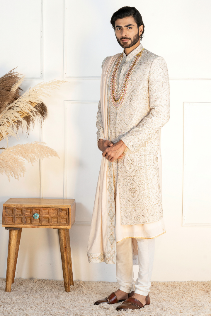 Pure Silk Off White Hand Work Sherwani- Sw 7013